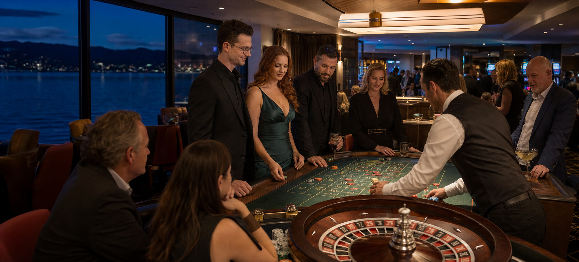 Guests enjoying roulette in a lively waterfront casino