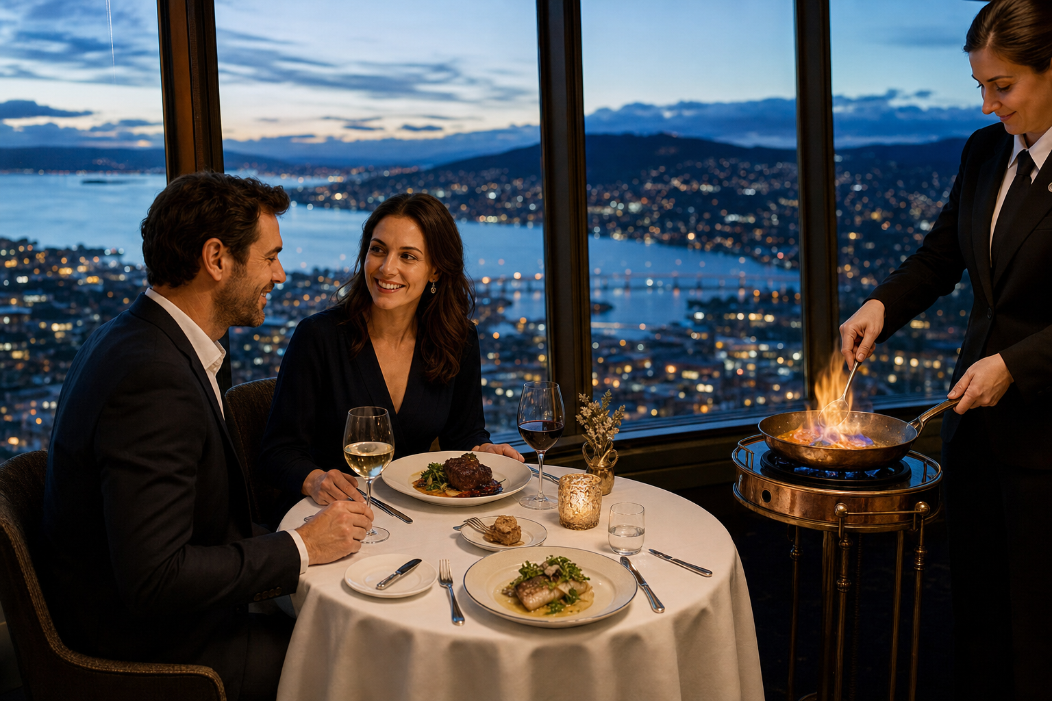 French-inspired Tasmanian fine dining with evening views across Hobart
