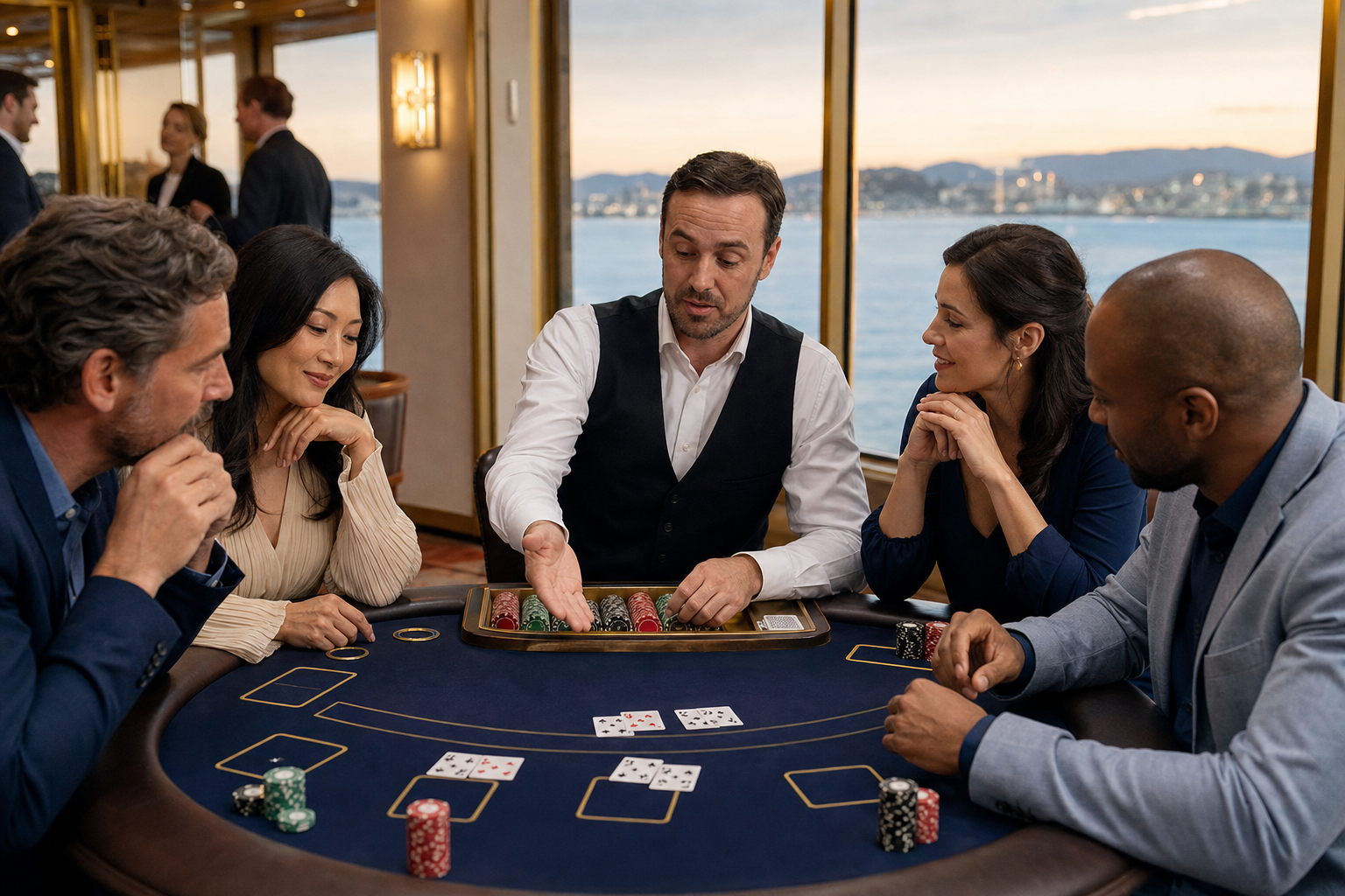 Guests playing blackjack with a professional casino dealer