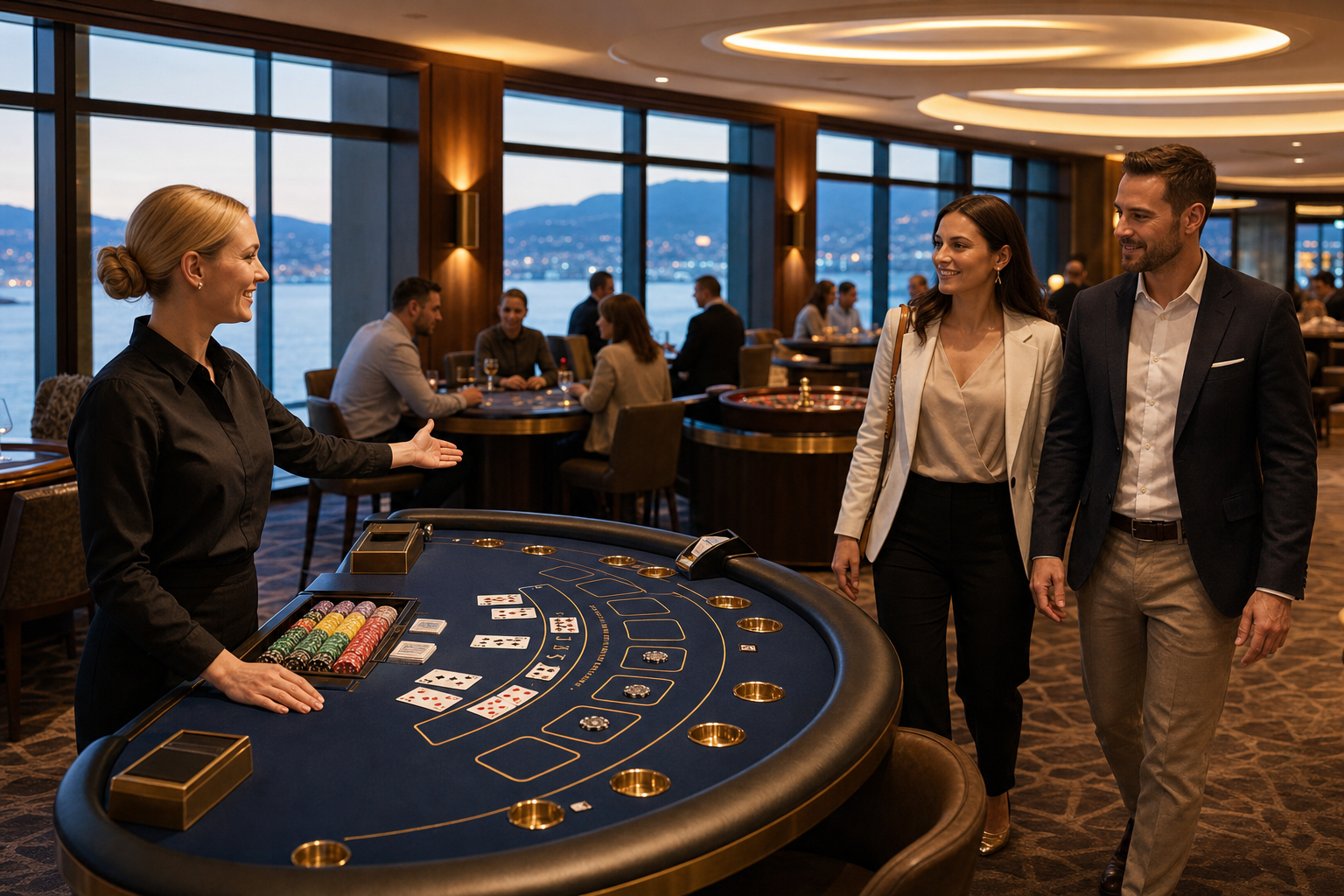 Guests enjoying table games in a lively waterfront casino