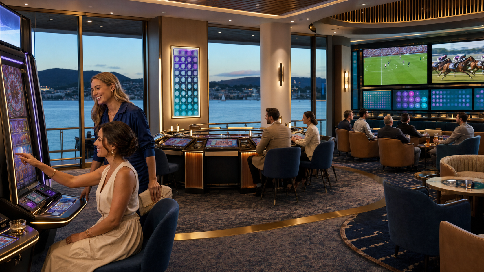 Guests enjoying electronic gaming and sports viewing facilities