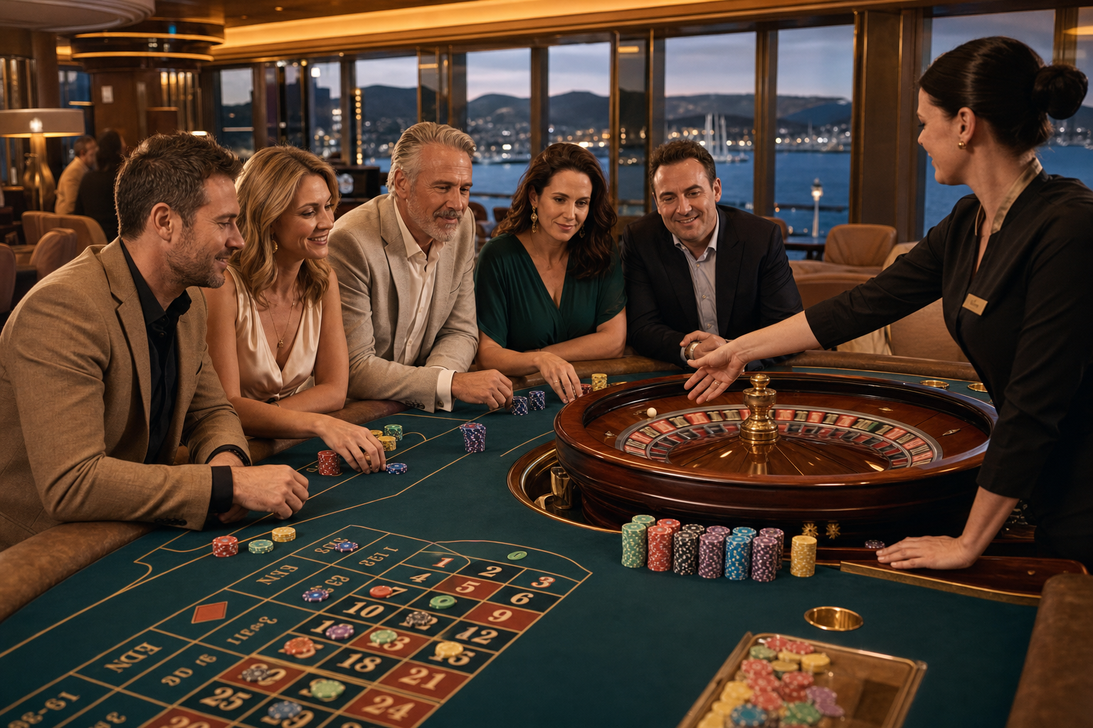 Casino guests gathered around an active roulette table
