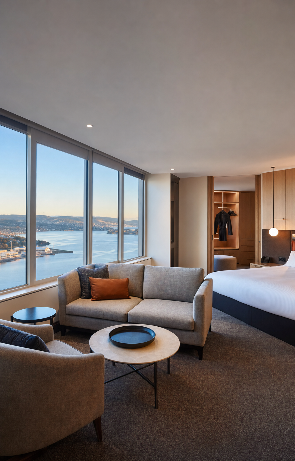 Wrest Point Harbour Suite with a lounge area and panoramic views across the River Derwent
