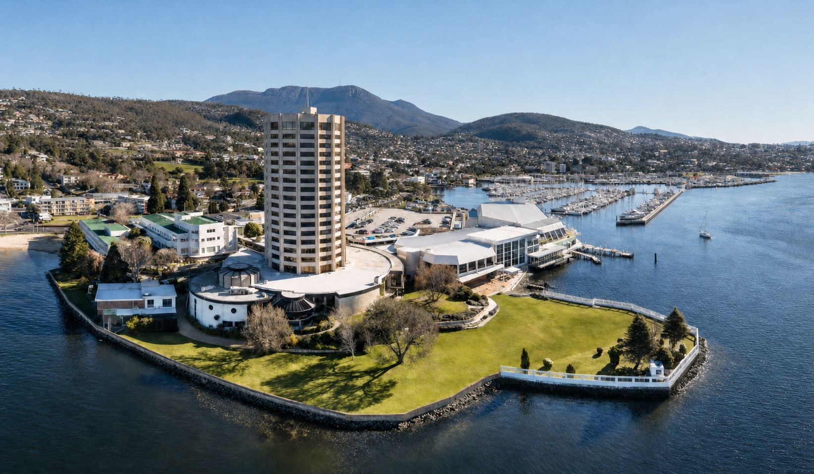 Wrest Point Hotel Casino tower and waterfront complex beside the River Derwent in Hobart